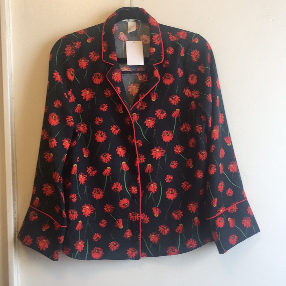 H&M Navy and Red Floral PJ Style Button Up Blouse - Picture 2 of 5